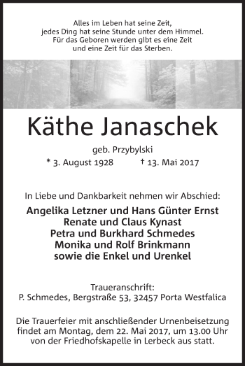 Anzeige von Käthe Janaschek von Mindener Tageblatt