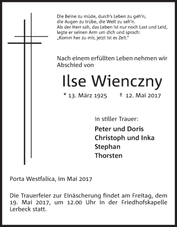 Anzeige von Ilse Wienczny von Mindener Tageblatt