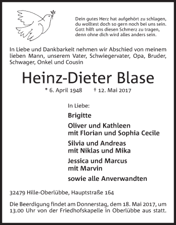 Anzeige von Heinz-Dieter Blase von Mindener Tageblatt