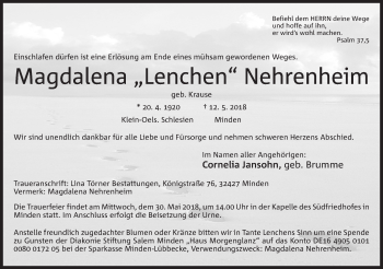 Anzeige von Magdalena Nehrenheim von Mindener Tageblatt