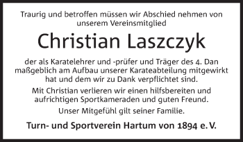 Anzeige von Christian Laszczyk von Mindener Tageblatt