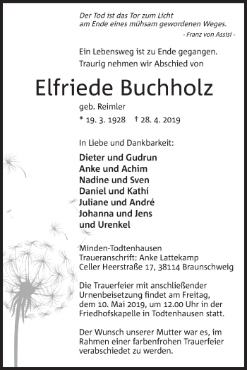 Anzeige von Elfriede Buchholz von Mindener Tageblatt