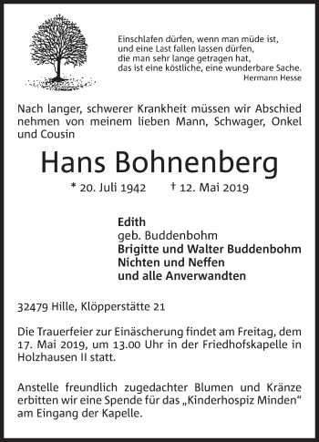 Anzeige von Hans Bohnenberg von Mindener Tageblatt