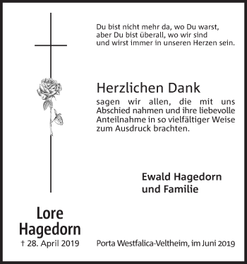 Anzeige von Lore Hagedorn von Mindener Tageblatt