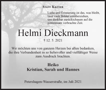 Anzeige von Helmi Dieckmann von Mindener Tageblatt