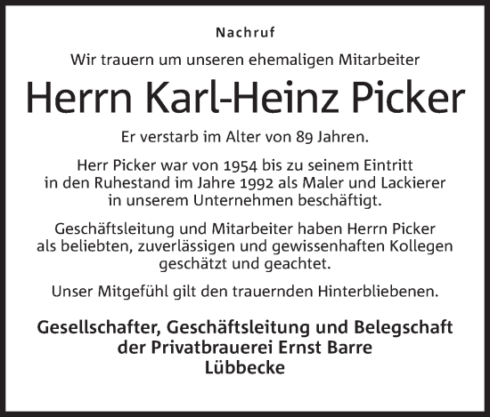 Anzeige von Karl-Heinz Picker von Mindener Tageblatt