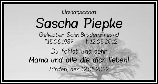 Anzeige von Sascha Piepke von Mindener Tageblatt