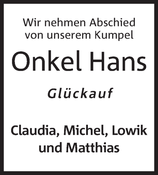 Anzeige von Hans  von Mindener Tageblatt