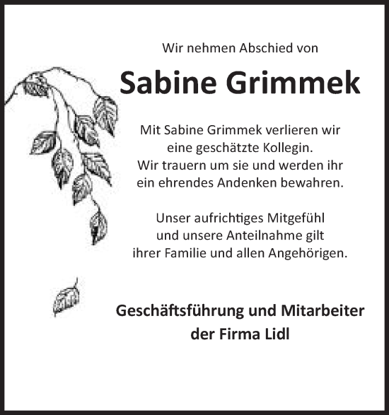Anzeige von Sabine Grimmek von Mindener Tageblatt