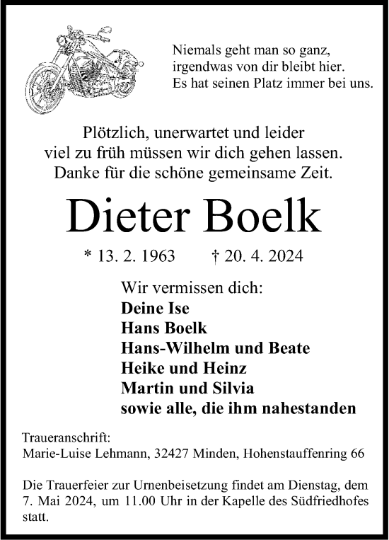 Anzeige von Dieter Boelk von 4401