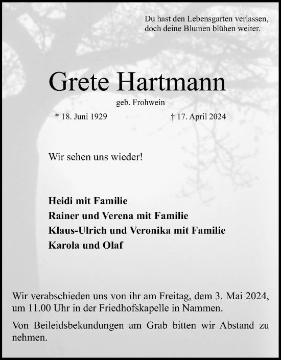 Anzeige von Grete Hartmann von 4401