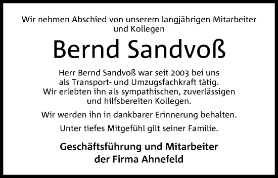 Anzeige von Bernd Sandvoß von 4401
