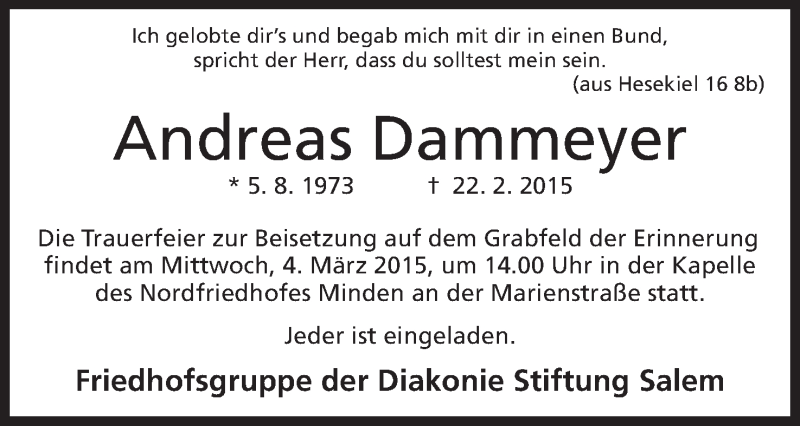  Traueranzeige für Andreas Dammeyer vom 03.03.2015 aus Mindener Tageblatt