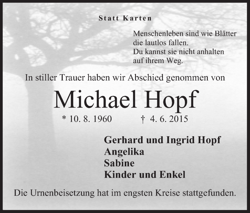  Traueranzeige für Michael Hopf vom 27.06.2015 aus Minden