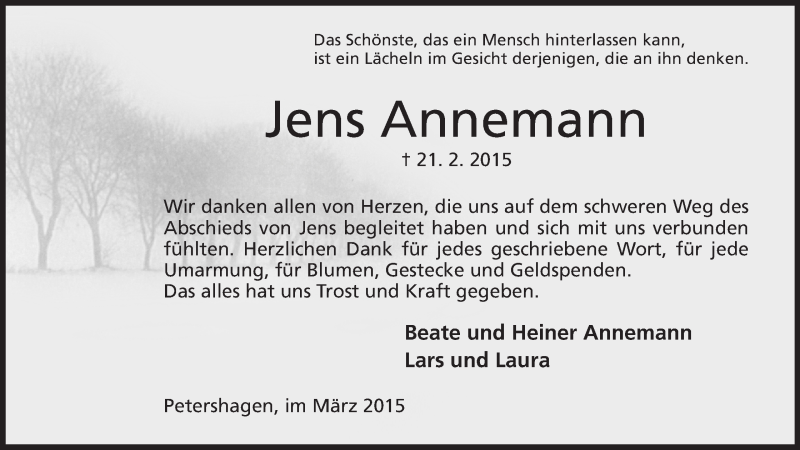  Traueranzeige für Jens Annemann vom 21.03.2015 aus Mindener Tageblatt