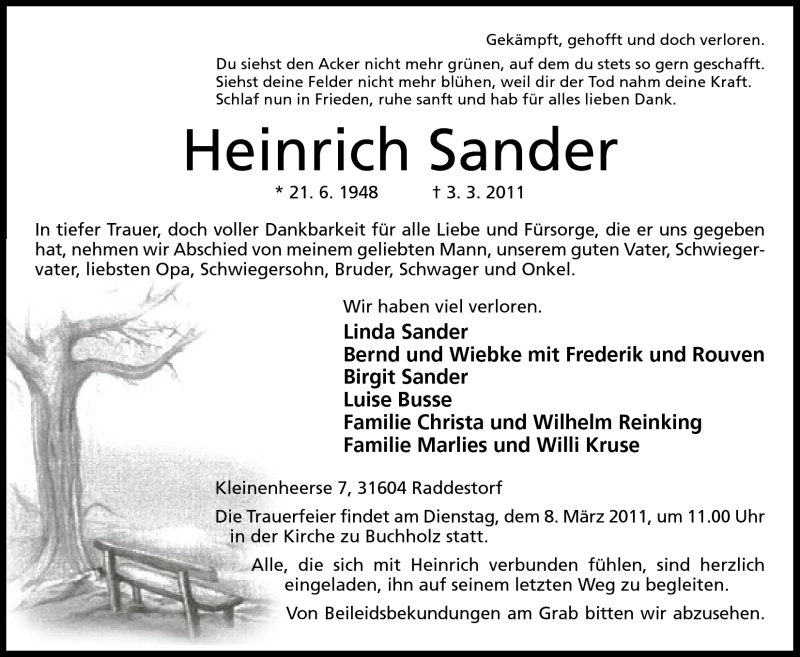  Traueranzeige für Heinrich Sander vom 05.03.2011 aus Mindener Tageblatt