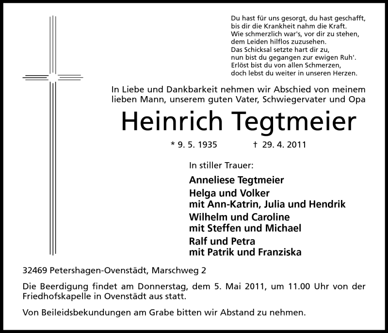  Traueranzeige für Heinrich Tegtmeier vom 02.05.2011 aus Mindener Tageblatt