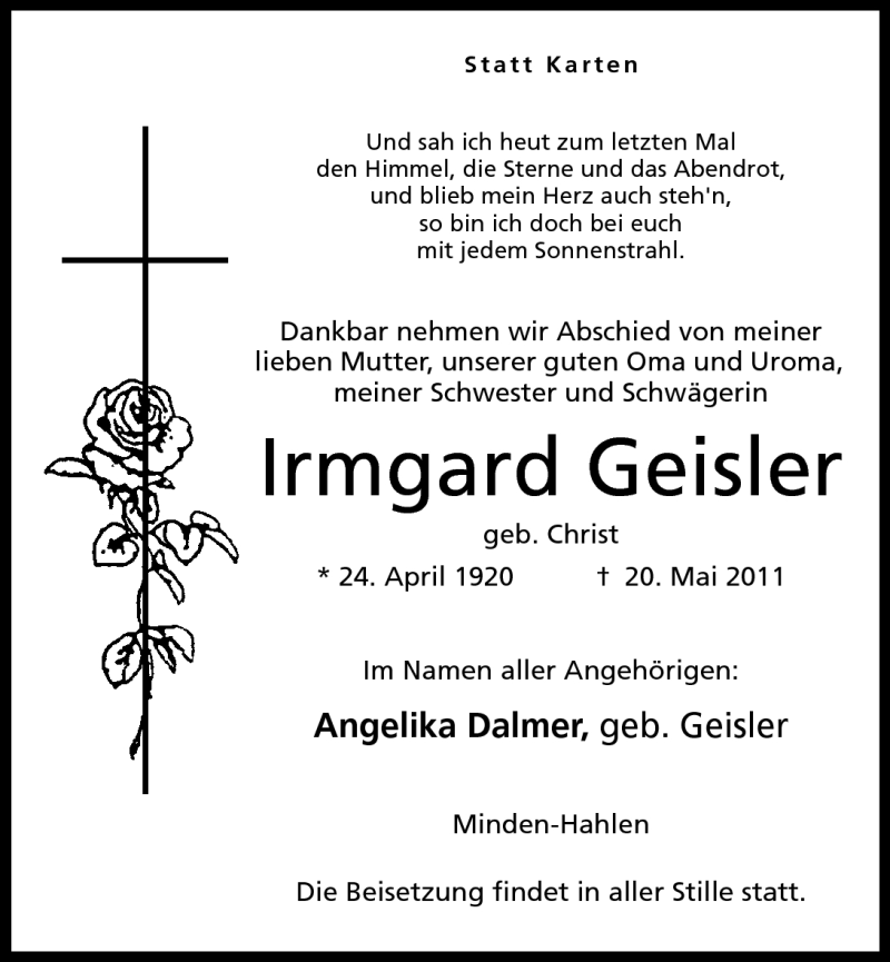  Traueranzeige für Irmgard Geisler vom 23.05.2011 aus Mindener Tageblatt