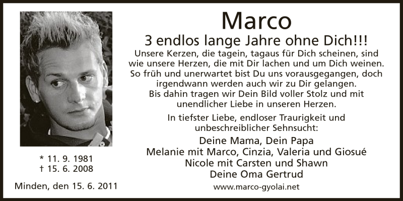  Traueranzeige für Marco Gyolai vom 15.06.2011 aus Mindener Tageblatt