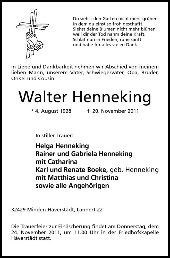  Traueranzeige für Walter Henneking vom 22.11.2011 aus Mindener Tageblatt