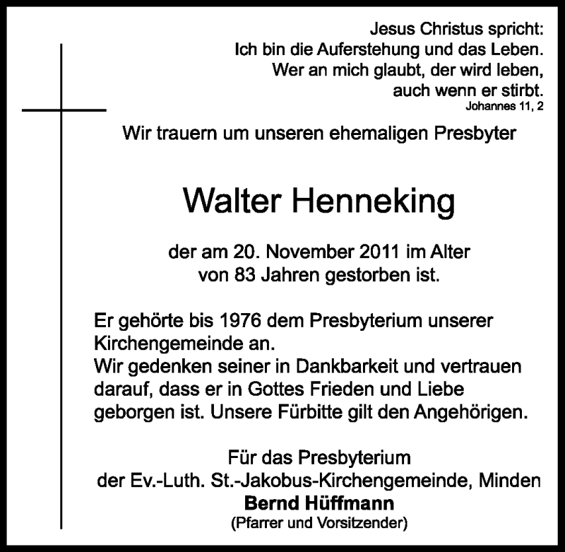  Traueranzeige für Walter Henneking vom 24.11.2011 aus Mindener Tageblatt