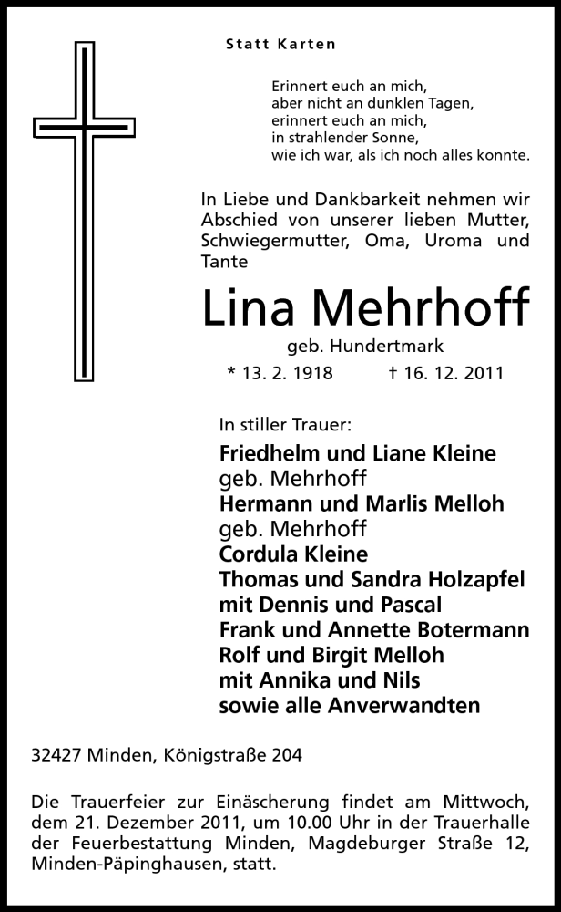  Traueranzeige für Lina Mehrhoff vom 17.12.2011 aus Mindener Tageblatt
