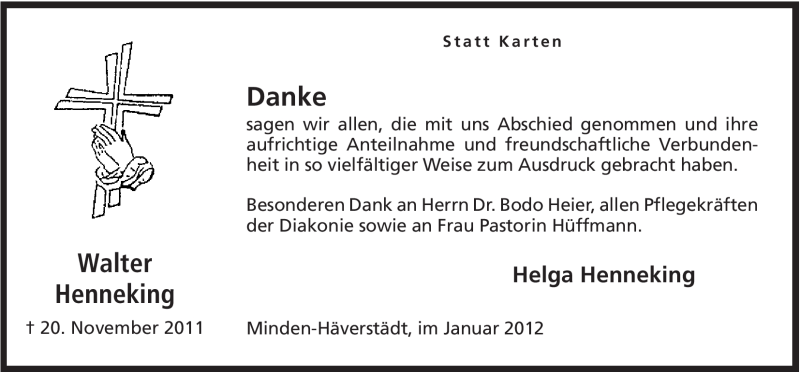  Traueranzeige für Walter Henneking vom 07.01.2012 aus Mindener Tageblatt