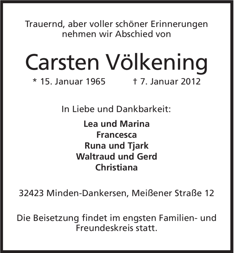  Traueranzeige für Carsten Völkening vom 10.01.2012 aus Mindener Tageblatt