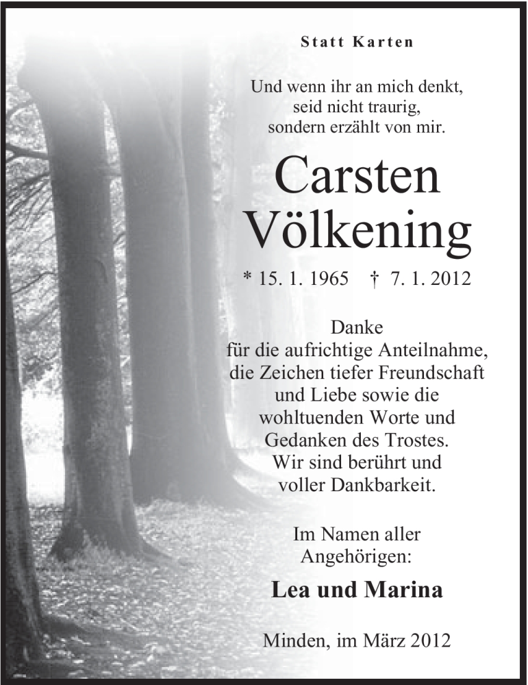  Traueranzeige für Carsten Völkening vom 03.03.2012 aus Mindener Tageblatt