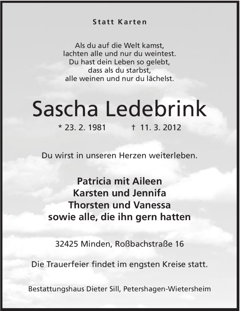  Traueranzeige für Sascha Ledebrink vom 13.03.2012 aus Mindener Tageblatt