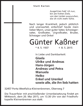 Anzeige von Günter Kaßner von Mindener Tageblatt