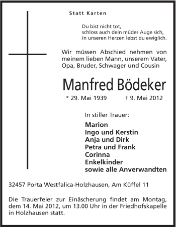 Anzeige von Manfred Bödeker von Mindener Tageblatt