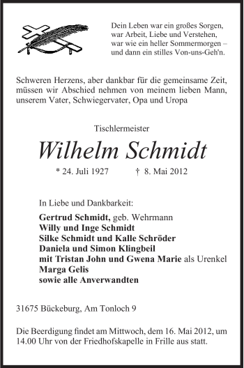 Anzeige von Wilhelm Schmidt von Mindener Tageblatt