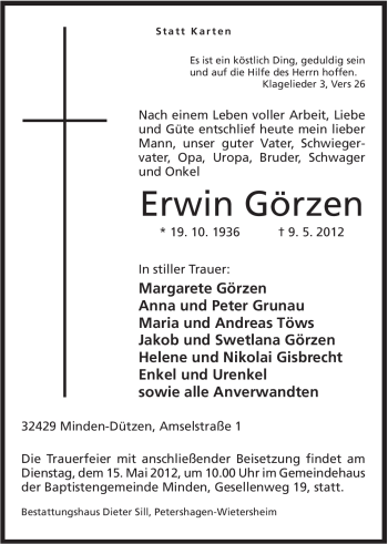 Anzeige von Erwin Görzen von Mindener Tageblatt