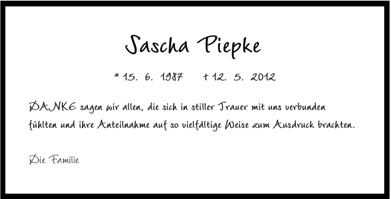  Traueranzeige für Sascha Piepke vom 26.05.2012 aus Mindener Tageblatt