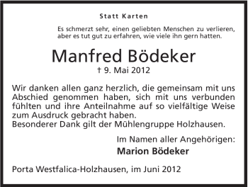 Anzeige von Manfred Bödeker von Mindener Tageblatt