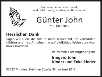 Anzeige von Günter John von Mindener Tageblatt