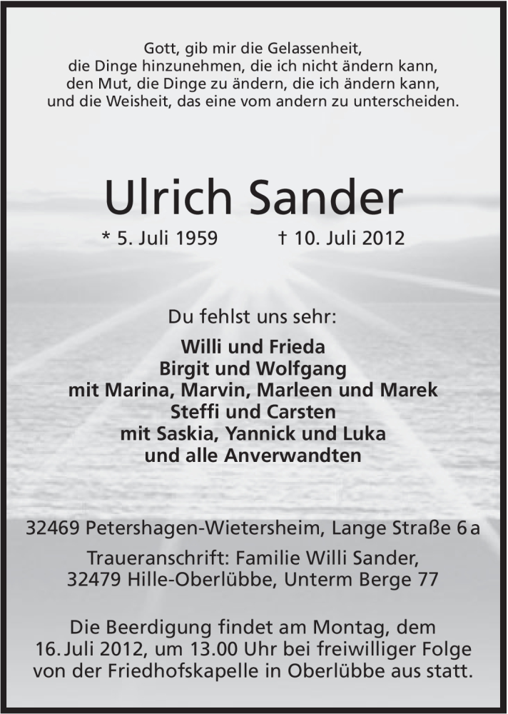  Traueranzeige für Ulrich Sander vom 12.07.2012 aus Mindener Tageblatt
