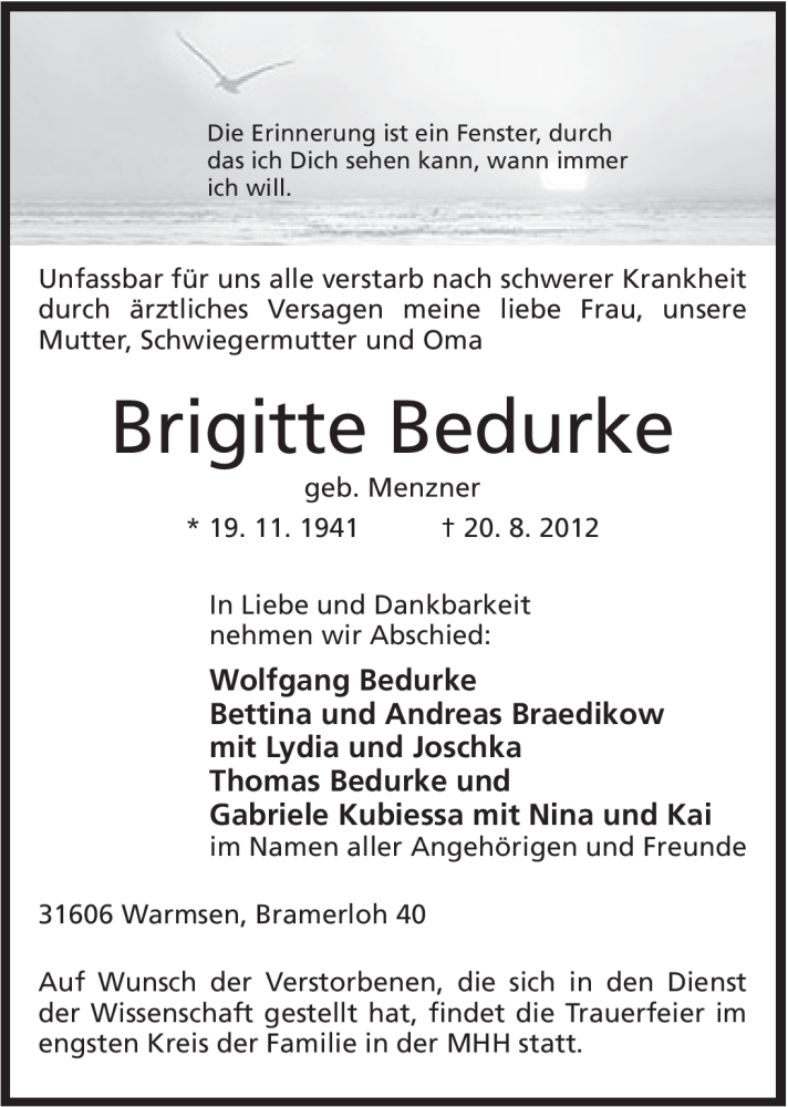  Traueranzeige für Brigitte Bedurke vom 22.08.2012 aus Mindener Tageblatt
