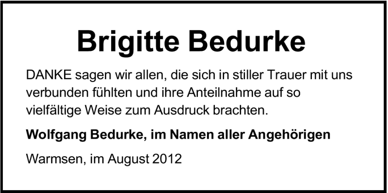  Traueranzeige für Brigitte Bedurke vom 28.08.2012 aus Mindener Tageblatt