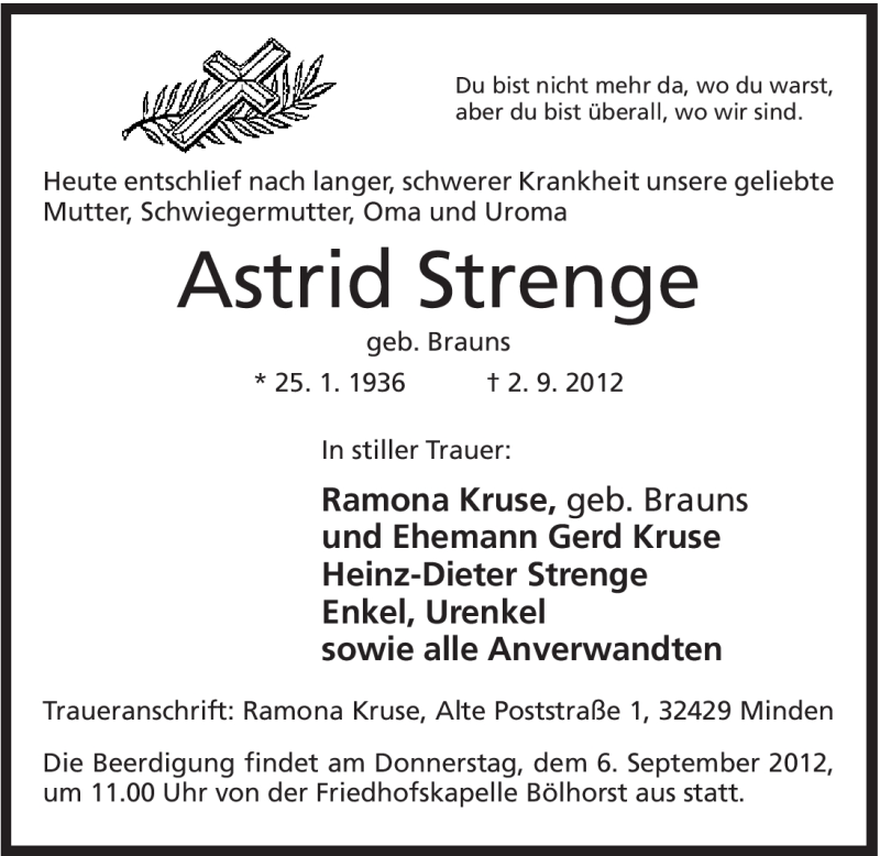  Traueranzeige für Astrid Strenge vom 05.09.2012 aus Mindener Tageblatt