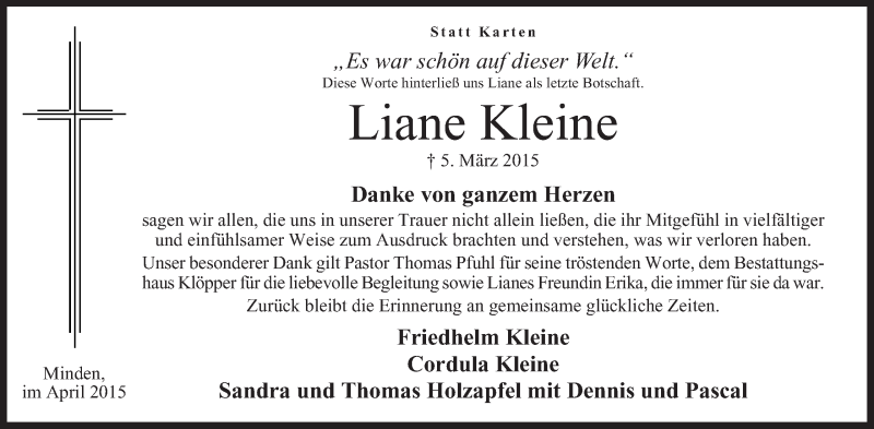  Traueranzeige für Liane Kleine vom 03.04.2015 aus Mindener Tageblatt
