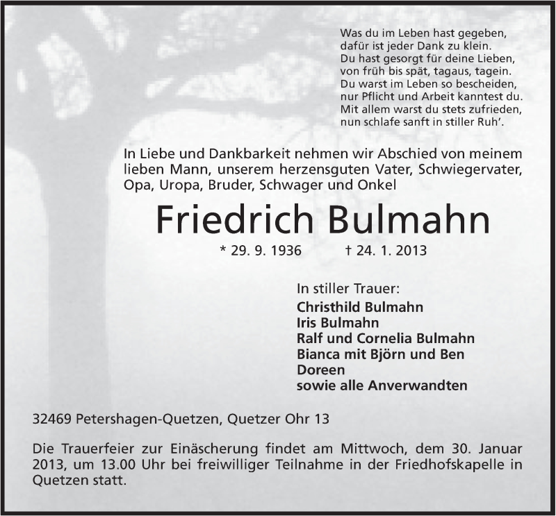  Traueranzeige für Friedrich Bulmahn vom 26.01.2013 aus Mindener Tageblatt