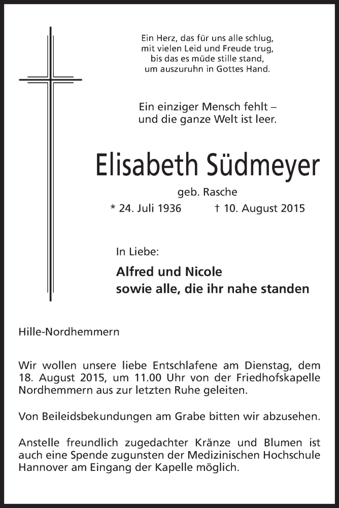  Traueranzeige für Elisabeth Südmeyer vom 13.08.2015 aus Mindener Tageblatt