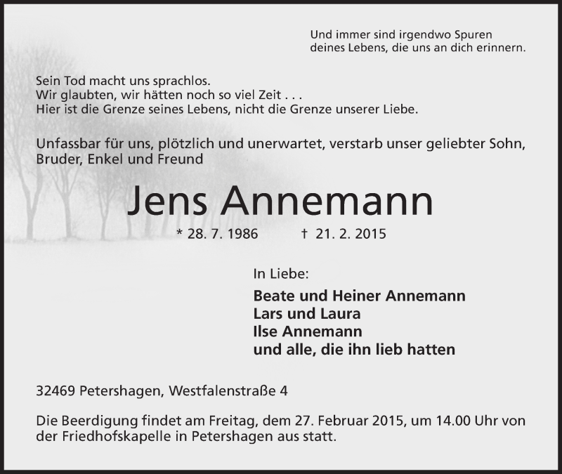  Traueranzeige für Jens Annemann vom 24.02.2015 aus Mindener Tageblatt