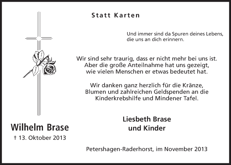  Traueranzeige für Wilhelm Brase vom 16.11.2013 aus Mindener Tageblatt