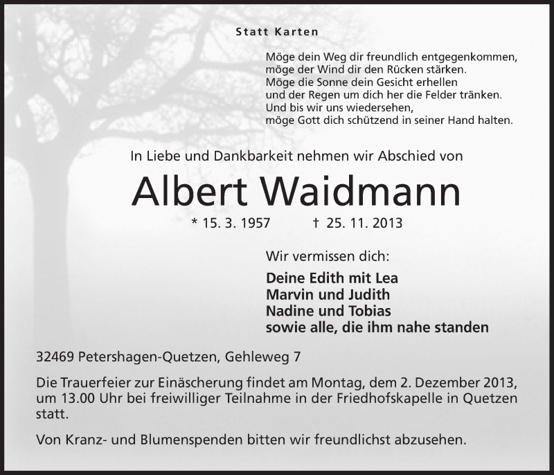  Traueranzeige für Albert Waidmann vom 27.11.2013 aus Mindener Tageblatt