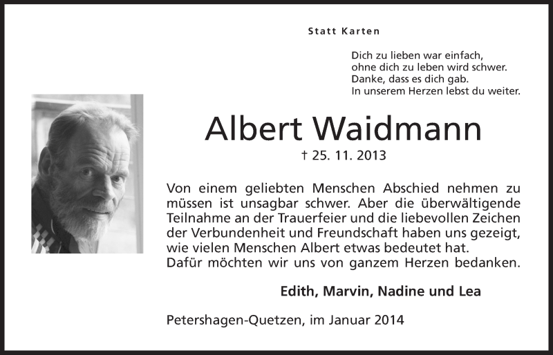  Traueranzeige für Albert Waidmann vom 18.01.2014 aus Mindener Tageblatt
