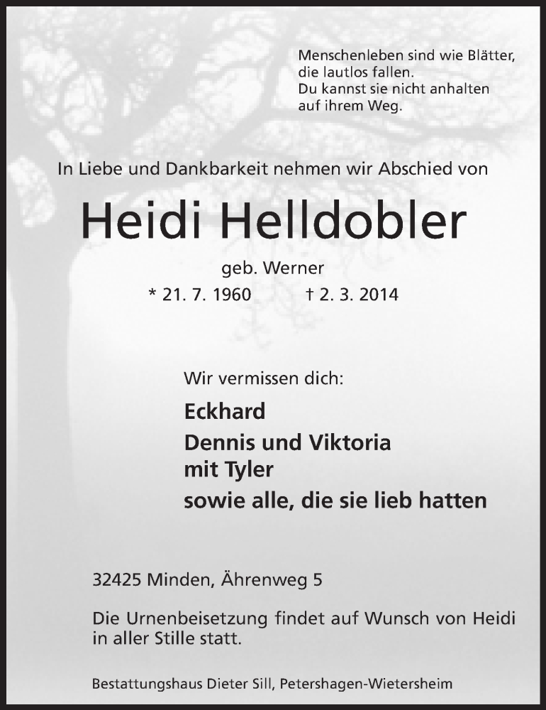  Traueranzeige für Heidi Helldobler vom 08.03.2014 aus Mindener Tageblatt