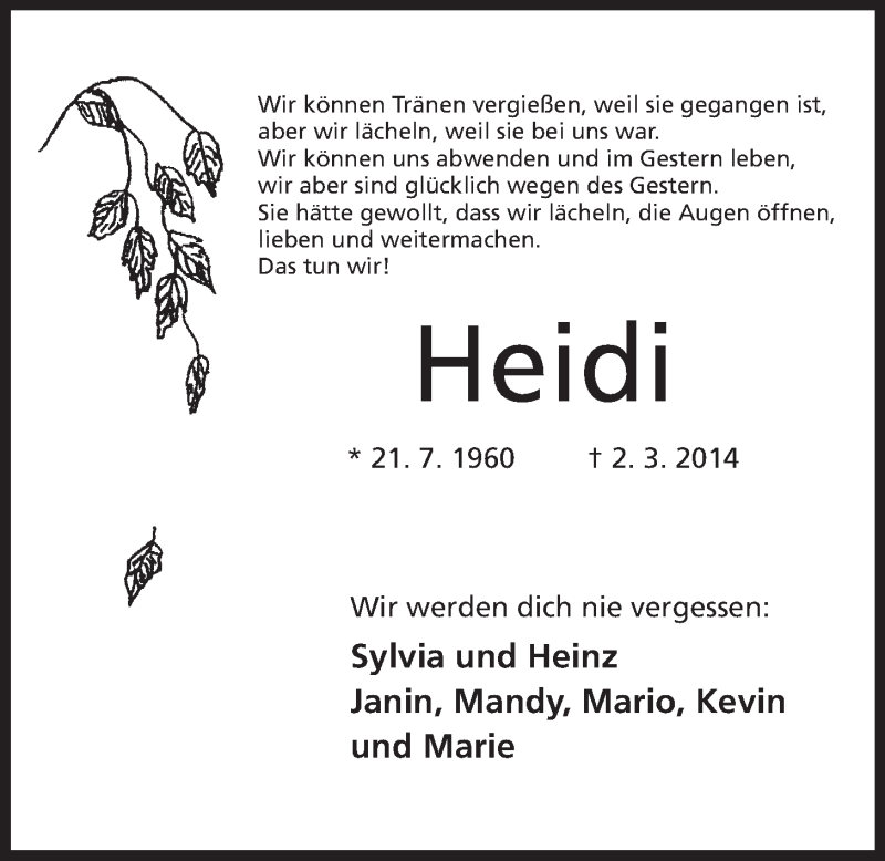  Traueranzeige für Heidi Helldobler vom 08.03.2014 aus Mindener Tageblatt